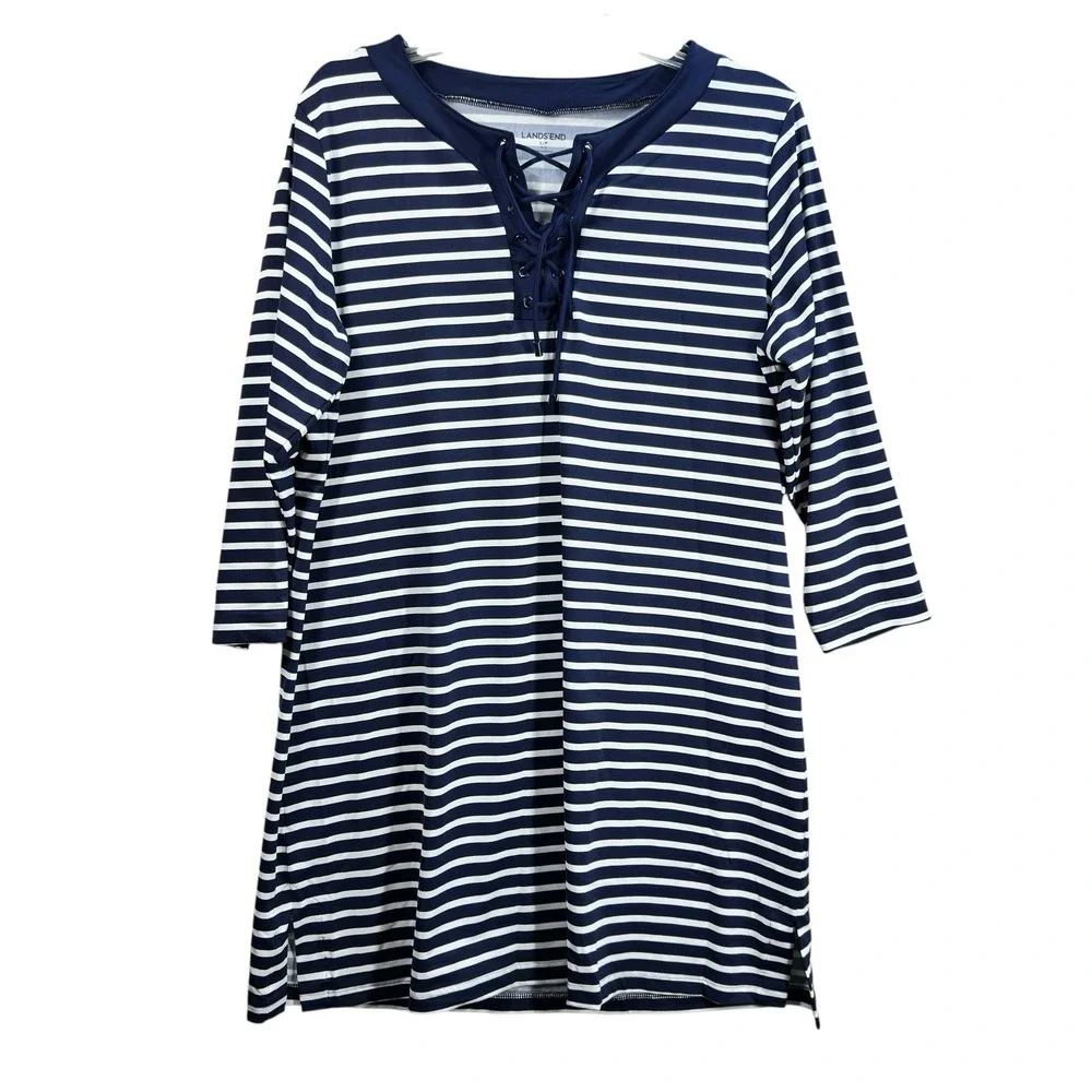 Lands' End Nautical Stripe Dress Swim Cover Up Nylon Spandex Sz L Resortwear